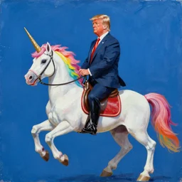 a painting of donald trump riding a rainbow unicorn