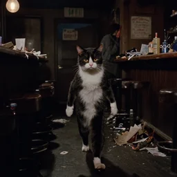 felix the cat leaving a dive bar trashed at 3 am in the morning, film still, panavision panaflex