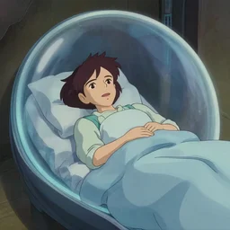 a stylized 2 d cinematic keyframe of a woman waking up in a cryogenic chamber, joy gaze, cel - shaded, classical animation, edge - to - edge print, rendered by studio ghibli, artgerm, alyssa monks, andreas rocha, david kassan, neil blevins, rule of thirds, golden ratio, ambient lighting