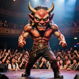 a japanese idol heavy metal singer on stage in the 1 9 7 0 s, giant demon mascot, live venue, violent mosh pit crowd audience, professional photography, highly detailed, stunning lighting, artstation, realistic face and anatomy, by thomas kinkade and greg rutkowski
