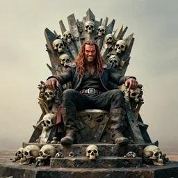distant wide angle shot of jason momoa as lobo from dc comics, with red eyes, scowling grin, sitting on an angular throne made of skulls, art by edward hopper
