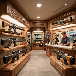 Inside an sifi weaponshop, large guns on shelves, beautiful labels, fantastic vendor interior, wide angle, azimov, hineline and clark style, cinematic, highly detailed, photorealistic, rich bright colors, trending on artstation, trending on cgsociety