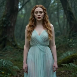 Elizabeth Olsen, fantasy, nymph, clothed, forest, digital art