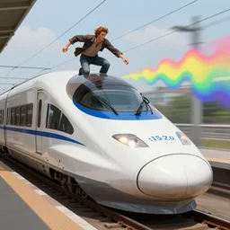 a mad - man rides above one of the carriages of a high speed bullet train, doppler effect, close up, artstation