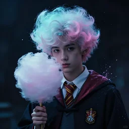 dramatic lighting photo of a magical young male wizard with cotton candy hair. paint splashes. moody and melancholy. with a little bit of cyan and pink