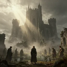 the cursed ruins of a medieval castle, mist, sunrays, raining, fog, dust in the air, dnd character, unreal engine, octane render, dramatic lighting, pond, digital art, by stanley artgerm lau, greg rutkowski, thomas kindkade, alphonse mucha, loish, norman rockwell,