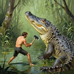 a man with a hatchet fighting a giant alligator in a swamp by tomasz alen kopera.
