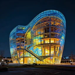 a beautiful photorealistic highly detailed museum unfinished building industrial architecture nature by bjarke ingels, at night thermal imaging futuristic bladerunner 2 0 4 9 atlantis made of glass, archdaily, wallpaper, highly detailed, trending on artstation.