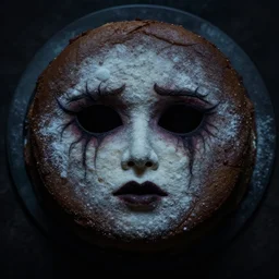 face made of cake, top down light, bleak lighting, cursed image
