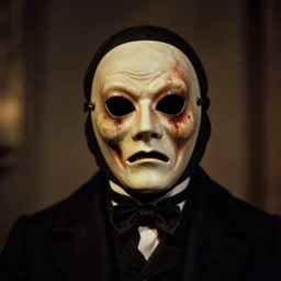 a portrait photograph of a victorian wearing a scary vintage halloween mask, creepy, atmospheric, cinematic lighting, epic scene, 1 9 2 0 color photograph