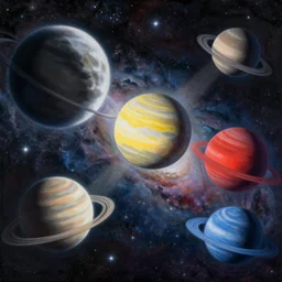 A beautiful painting of a five planets, shining its light by greg rutkowski and thomas kinkade, There are five planets that are black, white, yellow, red, and blue, behind the galaxy and the universe, Trending on artstation.