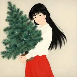 a woman in a red skirt holding a christmas tree, a detailed painting by nagasawa rosetsu, trending on pixiv, sots art, official art, booru, anime