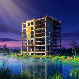 a beautiful hyperdetailed render of unfinished building urbex by david hockney, meadow alien sunlight hyperrealism at night retrowave nightvision dramatic lighting nightsky uv light thermal imaging lake at dusk water vaporwave, archdaily, wallpaper, highly detailed, trending on artstation.