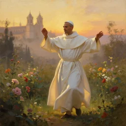 oil painting portrait of a tonsured dominican monk in a white habit, striding dancing through a flourishing garden at sunset with a monastery in the background, hazy, digital art, chiaroscuro, artstation, cinematic, golden hour, digital art painting by greg rutkowski, william - adolphe bouguereau, hazy atmosphere, flowers, cinematic lighting