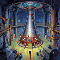 Colorful, creepy John Berkey landscape painting of detailed interior of giant scientific research facility LABO, area N, nuclear reactor, floor B2, anime key visual by Craig Mullins