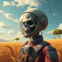 an undead astronaut with his helmet off by kren cushart on a colorful alien wheat world with lime trees clouds landscape