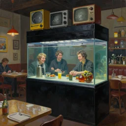 cozy restaurant with an aquarium. vantablack cloth technology, vintage shapes, retro technology, happy colors dariusz zawadzki, tim hildebrandt, wayne barlow, bruce pennington, larry elmore, oil on canvas, deep depth field, masterpiece, cinematic composition. dramatic zoom, hyperdetailed, hd, hdr