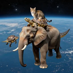 a cat on a turtle on an elephant on a velociraptor flying in space