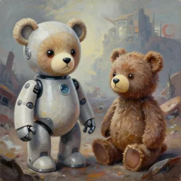a paint of dan mumford, of a robotic teddy bear painting a picture of a cute bear, in the background an apocalyptic panorama