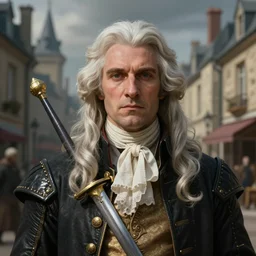 a portrait of a french gentleman with white hair and a rapier in the streets of a fantasy city in french revolution, symmetric face, hyperrealism, epic fantasy digital art, fantasy style art, by Greg Rutkowski, fantasy hearthstone card art style