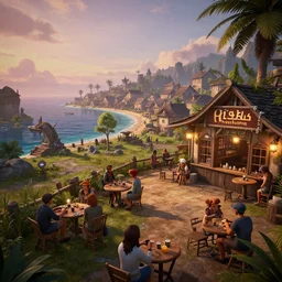 the new fantasy roleplaying metaverse location! virtual reality supported! come join us at the most popular mmorpg in the metaverse! here is an incredible image from a seaside village at dusk! folks drinking outside the pub! welcome to the future!