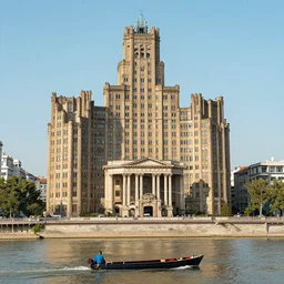 a man on a small boat on a river with gigantic city by mandelbrot neoclassical architecture, ancient high buildings, vertical classical temples, cinestill 8 0 0 t, mandelbrot fractal style