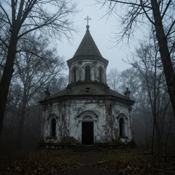orthodox abandoned temple in the woods, dark, moody, foggy by Marc Simonetti and Sean Yoro