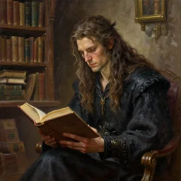 highly detailed 3 / 4 oil painting of a book reading crow alchemist, fantasy race, medieval bookstore background, featured on artstation