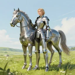 full body girl armor and metal horse landscape of meadow by gaston bussiere, anna nikonova aka newmilky, greg rutkowski, yoji shinkawa, yoshitaka amano, tsutomu niehi, donato giancola, geoffroy thoorens, trending on artstation, featured on pixiv, cinematic composition, 8 k