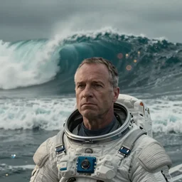 on ocean , bokeh !!cinematic close up shot of saul goodman wearing the spacesuit in scene from the movie interstellar ,shady dull weather, panorama,natural dull colours, lens flares, anamorphic, epic cinematic,  exteremely giant ocean wave in background
