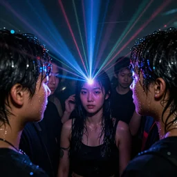 wet complex, colored lasers, people, skin, god rays, hair, wet metal reflections, mirrors, infinite, close up, wet, ultra detailed, group of people