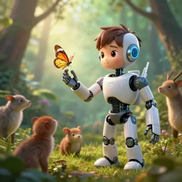 incredible And fantastic android Robot boy trying to touch a butterfly in the forest and the animals around him surround him, with a beautiful aura in the atmosphere, hyper realistic with many details, cinematographic, Octane Renderizado, unreal engine 5, cinema4D