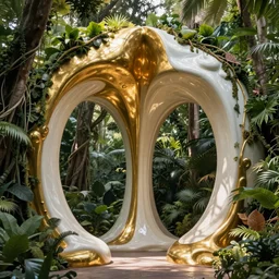 a massive liquid gold and white fluid sculpture in the jungle covered in plants and vines photograph, architecture carved for a titan, beautiful in its smoothness and expansiveness, curving geometric arches, architectural photograph by louis kahn and moshe safdie
