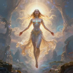 overdetailed maximalist fullbody portrait of a beautiful female energy being transcending to her true form while floating over a surreal landscape. Made by oozium, and silvio vieira inspired by james jean, overpainted by dom qwek. 8k 3d realistic render. Bright, sacred, spiritual, dawn, backlit, calm, relaxed, dynamic, ethereal, arcane, intricate, mysterious, dramatic, cinematic.