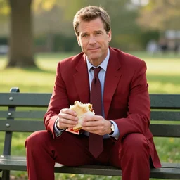 andy richter wearing a brick red suit and necktie, sitting on a park bench holding a sandwich, golden hour afternoon