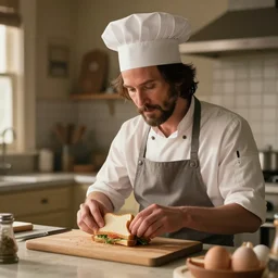 in a cozy kitchen, keanu reeves in a chef's hat is preparing a sandwich on the table, realistic light, soft light, focus, depth of field, photorealism, 8 k quality, full quality, realistic style