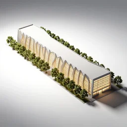 architectural model, isometric view, 3 d render, studio lighting, low contrast, brightly lit studio, highly detailed, a long thick building with triangular zig - zag plan and large windows, tree