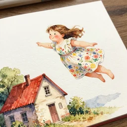 a beautiful watercolor painting on glossy paper, of a sweet, fat girl, flowery dress, flying over an old house with a red roof. in the style of freud, miro and paul klee. old photo. beautiful lighting, 4 k post - processing, trending at art station, cg society, deep focus, 5 k ultra - detailed.