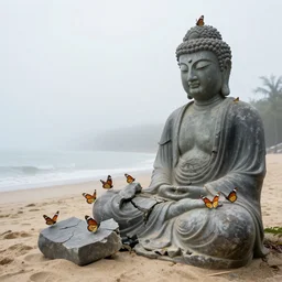 on a foggy morning, a group of butterflies perched on a large, broken buddha statue on the beach, by craig mullins
