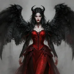 Female dark angel in gothic red and black dress, their black wings are extended, highly detailed, digital painting, artstation, concept art, smooth, sharp focus, illustration, art by artgerm and greg rutkowski and alphonse mucha