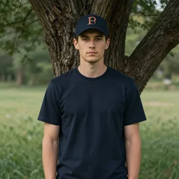 a man in a baseball cap standing in front of a tree, a picture by Mac Conner, reddit, postminimalism, handsome, bryce 3d, aesthetic