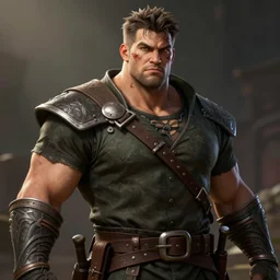 an epic fantasy comic book style portrait painting of a big broad shouldered short haired man with a scar on his face and wears plain fantasy thief clothing, unreal 5, daz, hyperrealistic, octane render, cosplay, rpg portrait, dynamic lighting