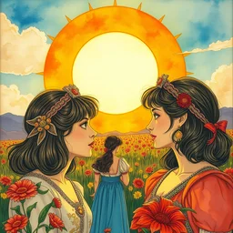 the sun. beautiful, realistic painting by mucha and kuvshinov and bilibin and malevich. synthwave watercolor, thick lines, manga, soviet realism