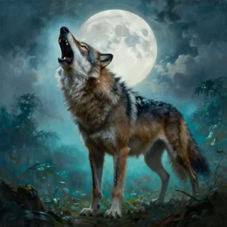 by frazetta ,close up of howling werewolf realistic , action pose , in front of the moon , full body backlight ,top light ,full body portrait ,highly textured oil painting ,jungle ,cyan graveyard ,foggy background ,with  dramatic sky ,clouds and giant oversized moon and storm