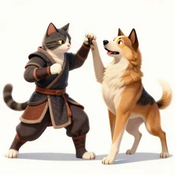a detailed anthropomorph cat warrior and detailed anthropomorph dog warrior duel fight with lightsaber, cinematic, by Greg rutkowsk and Greg Staples
