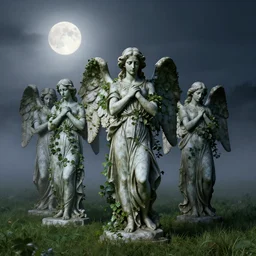 statues of standing angels with anguished eyes and folded hands, wings, covered with ivy, placed on a lawn, night, full moon, fog, dramatic atmosphere, highly detailed, cinematic lighting, perfect composition, 4 k, gustave dore, derek zabrocki, greg rutkowski, belsinski, octane render