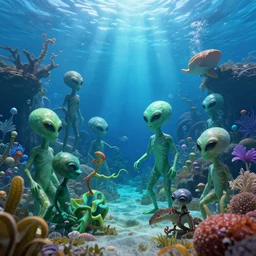 aliens of different kinds playing in an amazing underwater amusement, photorealistic, detailed