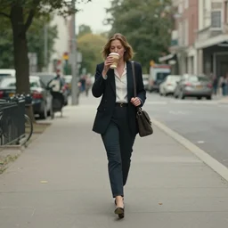 Film still of a woman drinking coffee, walking to work, long shot, wide shot, full shot