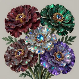 marigold flowers, iridescent diaphanous refractive and reflective crystal crystalline pearly, burgundy and emerald and amethyst and blue topaz colors, fantasy, intricate, elegant, highly detailed, digital painting, artstation, concept art, matte, sharp focus, illustration, hearthstone, art by artgerm and greg rutkowski and alphonse mucha