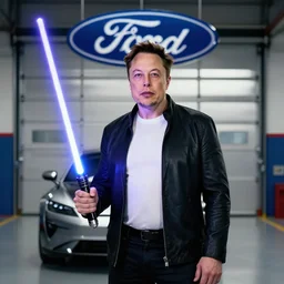 a picture of elon musk in front of the ford garage holding a light saber